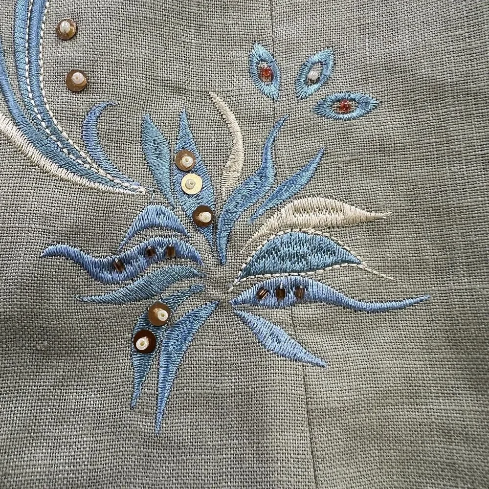 Dressbarn Blazer Womens 14 Sage‎ Green Linen Floral Embroideries Career Business